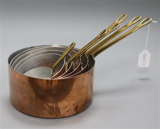 A set of six graduated copper pans